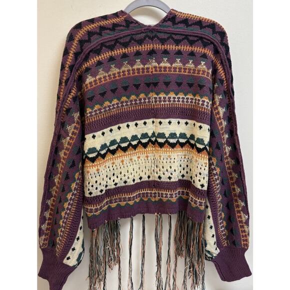Knit Mix Boho Fringe Oversized Cardigan Sweater L - Picture 2 of 6